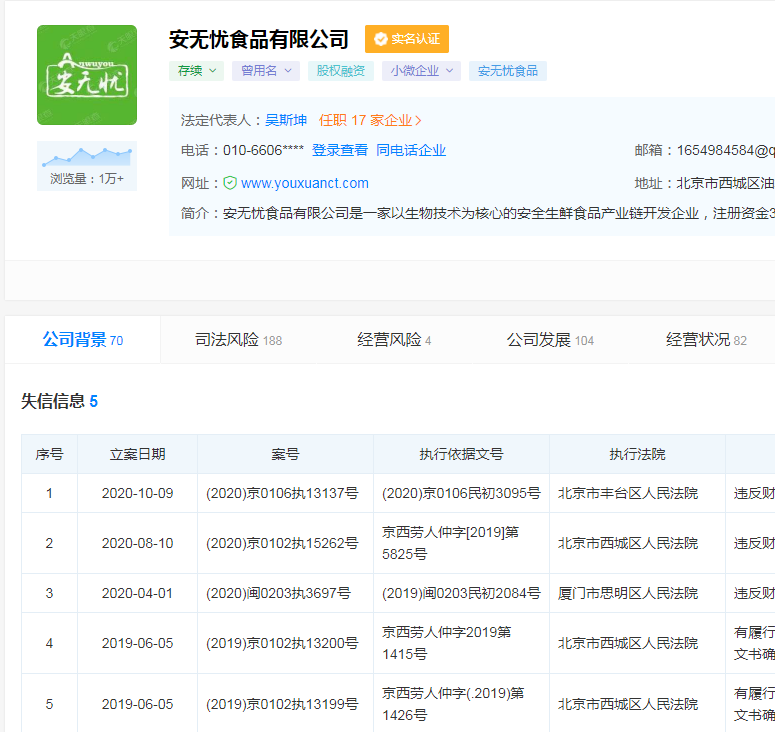 北京安无忧食品成被执行人，执行标的100万元